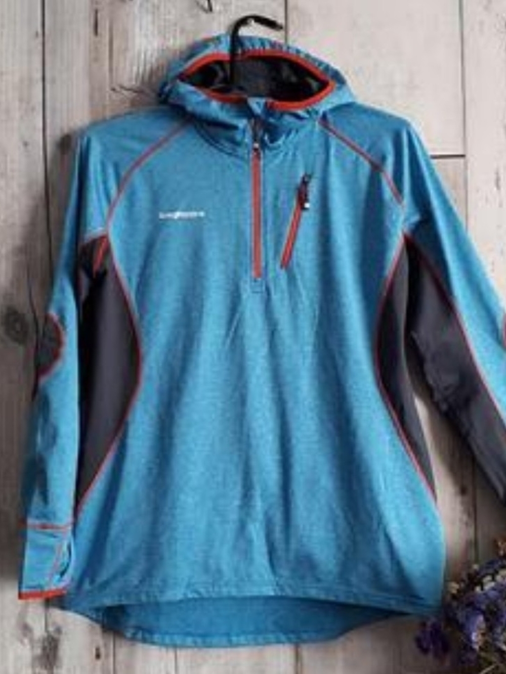 NWOT Unisex Blue Hooded Outdoor Pullover with Orange Trim.